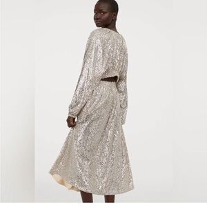 H&M Light Beige/ Silver Sequined Cut Out Back Midi Dress NWOT